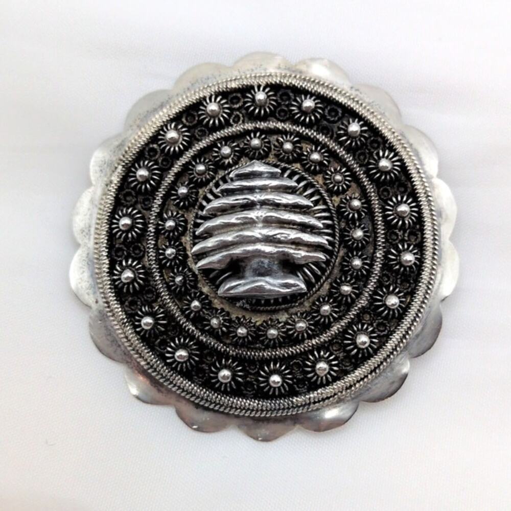 Vtg Sterling Silver Cedar Tree of Lebanon Cannetille Filigree Scalloped Brooch